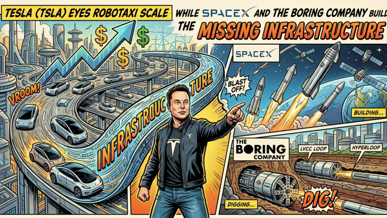Comic-book-style illustration of Elon Musk standing between Tesla robotaxis on futuristic elevated highways, SpaceX rockets launching beside satellites in orbit, and The Boring Company tunnel machines underground. A rising stock arrow, dollar symbols, and headline text highlight Tesla (TSLA) robotaxi growth and the infrastructure connection among Tesla, SpaceX and The Boring Company.