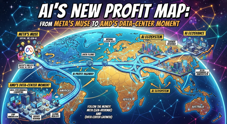 Illustrated global AI investment map showing Meta’s Muse consumer AI platform and AMD’s data-center infrastructure connected by data-flow routes across the world, highlighting AI ecosystems, server revenue, hardware innovation and growth opportunities for META and AMD investors.