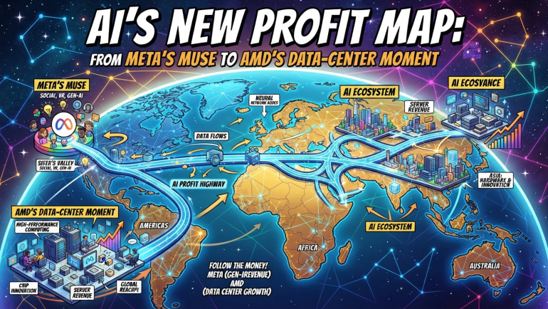 Illustrated global AI investment map showing Meta’s Muse consumer AI platform and AMD’s data-center infrastructure connected by data-flow routes across the world, highlighting AI ecosystems, server revenue, hardware innovation and growth opportunities for META and AMD investors.