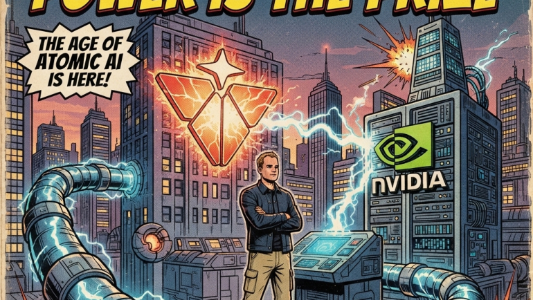 Vintage comic-book illustration showing Valar Atomics and NVIDIA powering the AI infrastructure trade, with nuclear energy, glowing electrical conduits, a data center, city skyline and the headline “Power Is the Prize.”