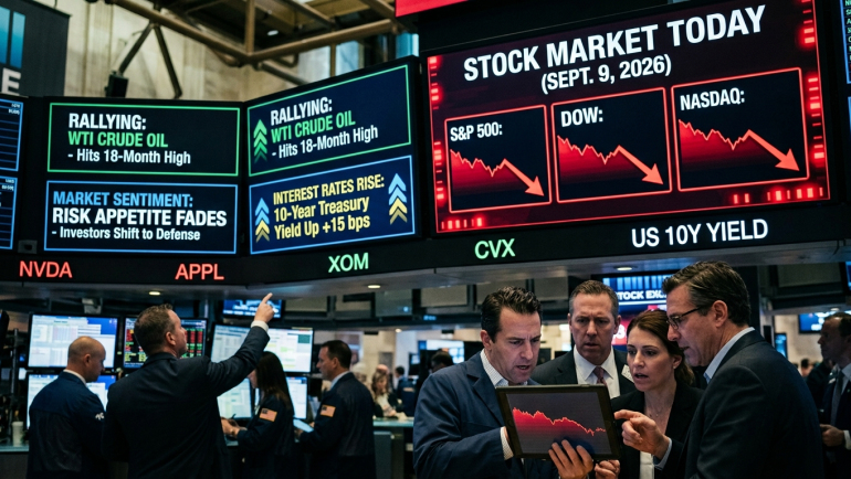 Traders on the New York Stock Exchange watch screens showing the S&P 500, Dow and Nasdaq declining on September 9, 2026, while WTI crude oil rallies, the 10-year Treasury yield rises, and investor risk appetite fades.