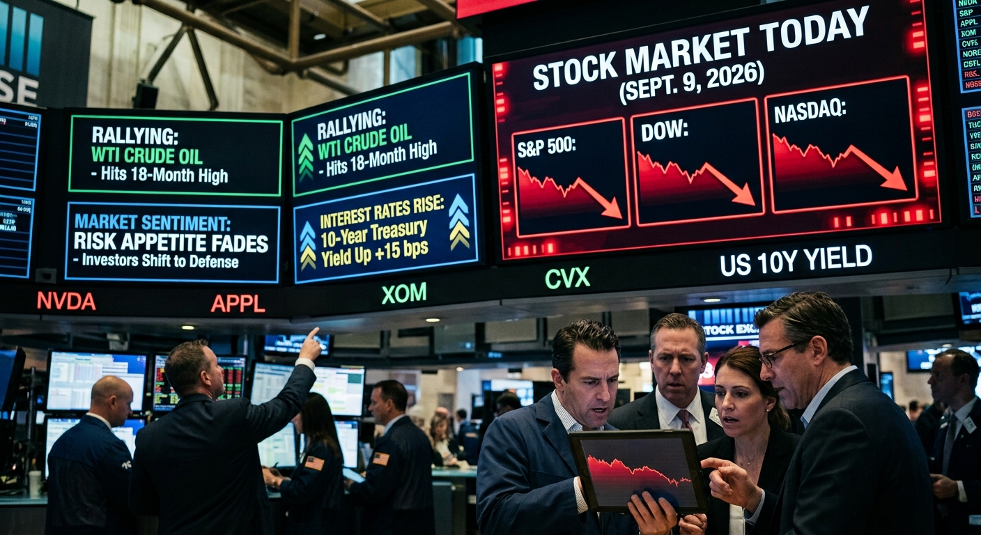 Traders on the New York Stock Exchange watch screens showing the S&P 500, Dow and Nasdaq declining on September 9, 2026, while WTI crude oil rallies, the 10-year Treasury yield rises, and investor risk appetite fades.
