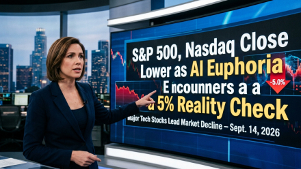 Financial news anchor in a modern newsroom points to a market screen showing the S&P 500 and Nasdaq closing lower as AI-related technology stocks decline and Treasury yields reach 5% on September 14, 2026.