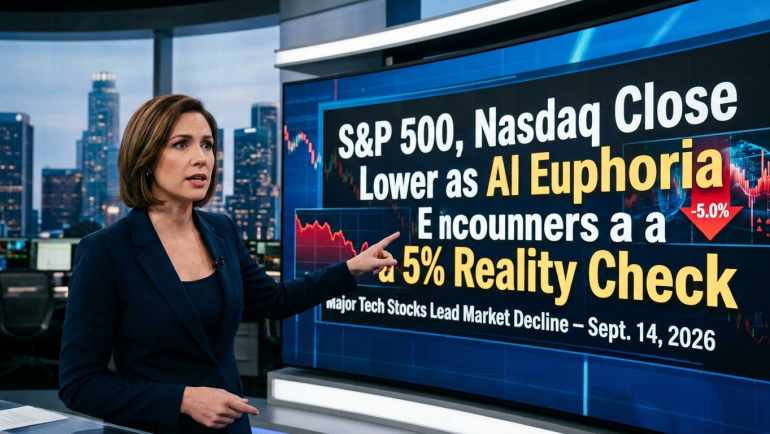 Financial news anchor in a modern newsroom points to a market screen showing the S&P 500 and Nasdaq closing lower as AI-related technology stocks decline and Treasury yields reach 5% on September 14, 2026.