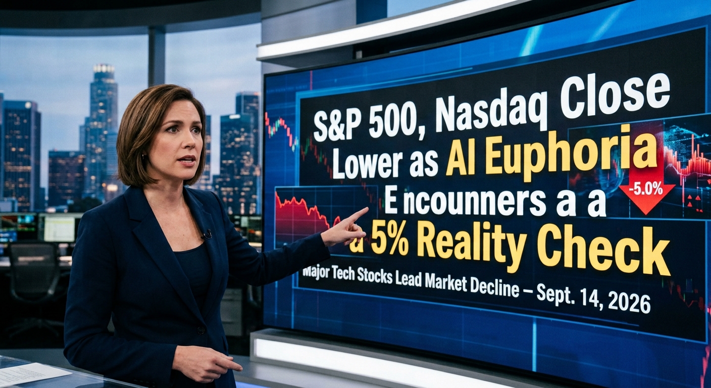 Financial news anchor in a modern newsroom points to a market screen showing the S&P 500 and Nasdaq closing lower as AI-related technology stocks decline and Treasury yields reach 5% on September 14, 2026.