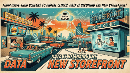 Alt text: Retro-style illustration showing a burger drive-thru and digital clinic connected to a central data cloud, illustrating how McDonald’s, ecommerce analytics and telehealth platforms are using data to create new digital revenue opportunities.