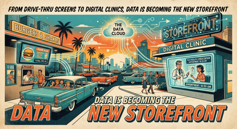 Alt text: Retro-style illustration showing a burger drive-thru and digital clinic connected to a central data cloud, illustrating how McDonald’s, ecommerce analytics and telehealth platforms are using data to create new digital revenue opportunities.