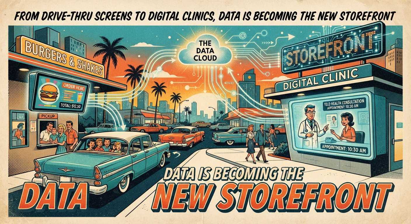 Alt text: Retro-style illustration showing a burger drive-thru and digital clinic connected to a central data cloud, illustrating how McDonald’s, ecommerce analytics and telehealth platforms are using data to create new digital revenue opportunities.