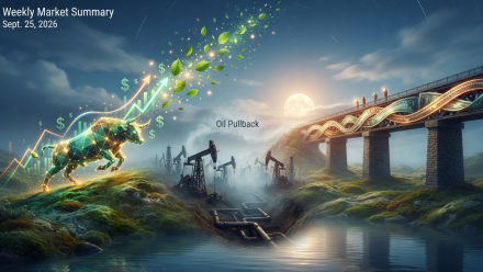 Illustrated weekly market summary for September 25, 2026, showing a glowing green bull and rising stock chart on the left, oil pumpjacks and pipelines in the center labeled “Oil Pullback,” and a bridge made of U.S. dollar bills on the right, representing higher U.S. equities, lower crude prices and ongoing macroeconomic uncertainty.