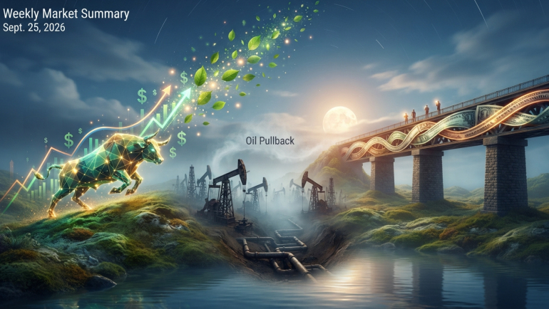 Illustrated weekly market summary for September 25, 2026, showing a glowing green bull and rising stock chart on the left, oil pumpjacks and pipelines in the center labeled “Oil Pullback,” and a bridge made of U.S. dollar bills on the right, representing higher U.S. equities, lower crude prices and ongoing macroeconomic uncertainty.