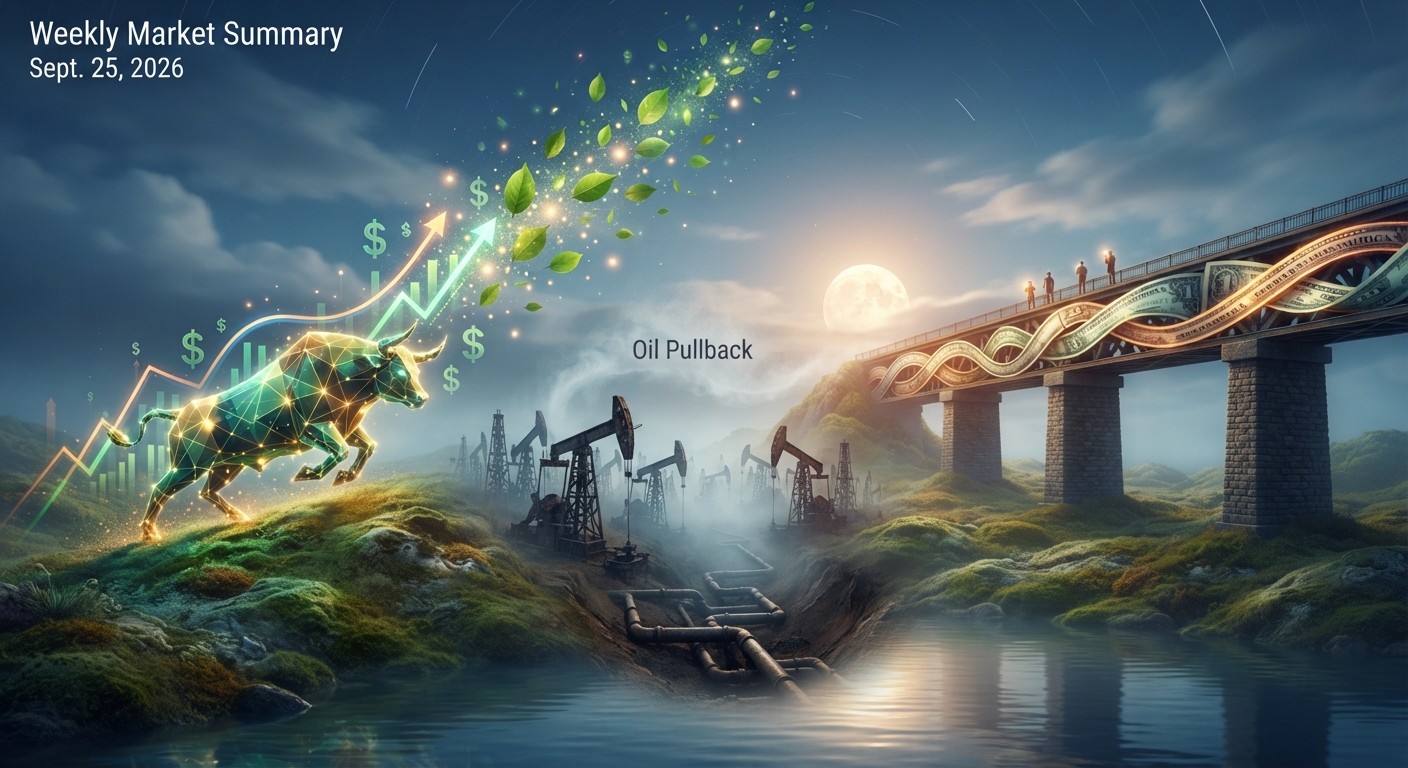 Illustrated weekly market summary for September 25, 2026, showing a glowing green bull and rising stock chart on the left, oil pumpjacks and pipelines in the center labeled “Oil Pullback,” and a bridge made of U.S. dollar bills on the right, representing higher U.S. equities, lower crude prices and ongoing macroeconomic uncertainty.