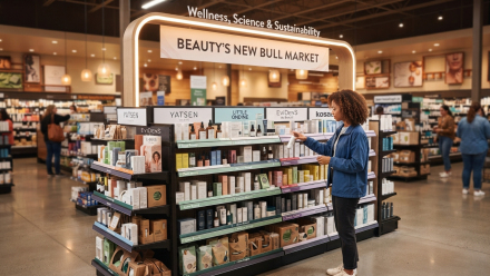 A shopper examines a skincare product at a modern beauty-and-wellness retail display featuring Yatsen beauty brands, beneath signage reading “Beauty’s New Bull Market” and “Wellness, Science & Sustainability.”