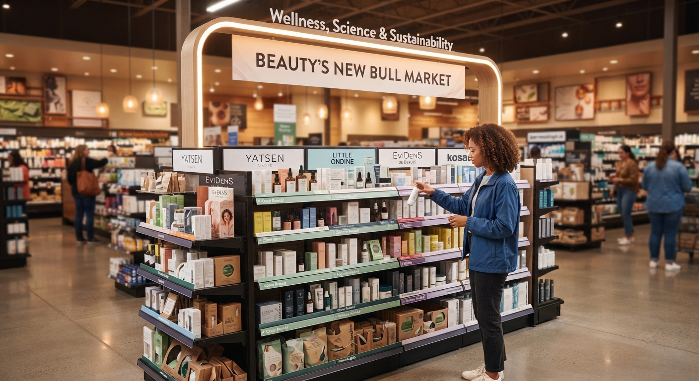 A shopper examines a skincare product at a modern beauty-and-wellness retail display featuring Yatsen beauty brands, beneath signage reading “Beauty’s New Bull Market” and “Wellness, Science & Sustainability.”