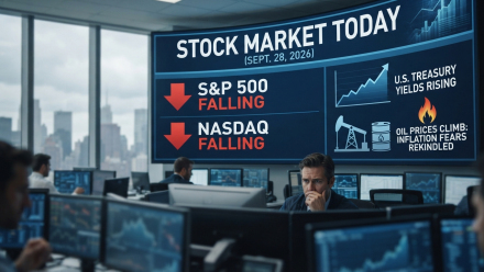 Stock market trading floor displays falling S&P 500 and Nasdaq as Treasury yields and oil prices rise on September 28, 2026.