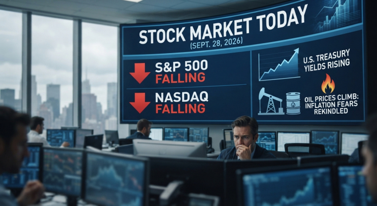 Stock market trading floor displays falling S&P 500 and Nasdaq as Treasury yields and oil prices rise on September 28, 2026.