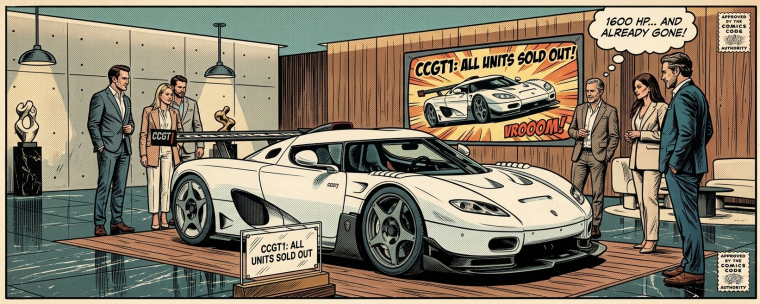 Comic-book-style illustration of a white Koenigsegg CCGT1 hypercar displayed in a luxury showroom, with well-dressed prospective buyers, a “CCGT1: All Units Sold Out” sign, and a background panel highlighting its 1,600-horsepower sold-out status.
