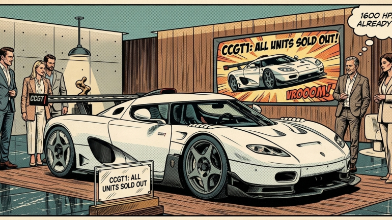 Comic-book-style illustration of a white Koenigsegg CCGT1 hypercar displayed in a luxury showroom, with well-dressed prospective buyers, a “CCGT1: All Units Sold Out” sign, and a background panel highlighting its 1,600-horsepower sold-out status.