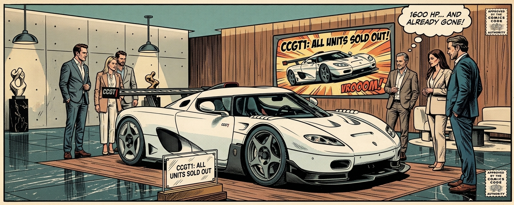 Comic-book-style illustration of a white Koenigsegg CCGT1 hypercar displayed in a luxury showroom, with well-dressed prospective buyers, a “CCGT1: All Units Sold Out” sign, and a background panel highlighting its 1,600-horsepower sold-out status.