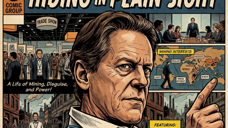Vintage comic-book-style cover illustration featuring a portrait of mining entrepreneur Robert Friedland pointing upward, with panels showing a mining trade show, business meeting, global mining map and urban scene beneath the headline “Hiding in Plain Sight.”
