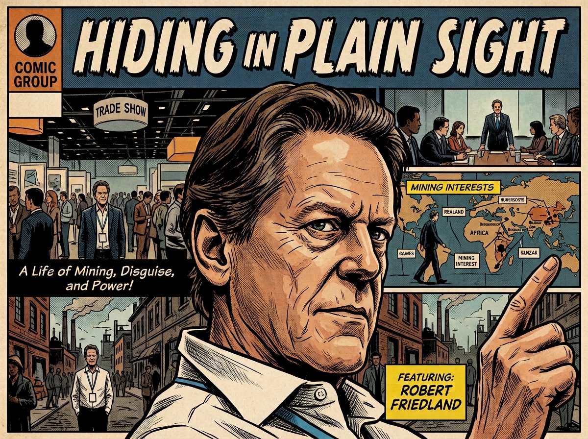 Vintage comic-book-style cover illustration featuring a portrait of mining entrepreneur Robert Friedland pointing upward, with panels showing a mining trade show, business meeting, global mining map and urban scene beneath the headline “Hiding in Plain Sight.”