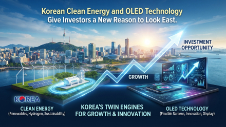 Korean clean-energy and OLED technology investment graphic featuring the Seoul skyline, solar panels, wind turbines, hydrogen infrastructure, flexible display devices and an upward growth arrow, highlighting innovation opportunities in South Korea.