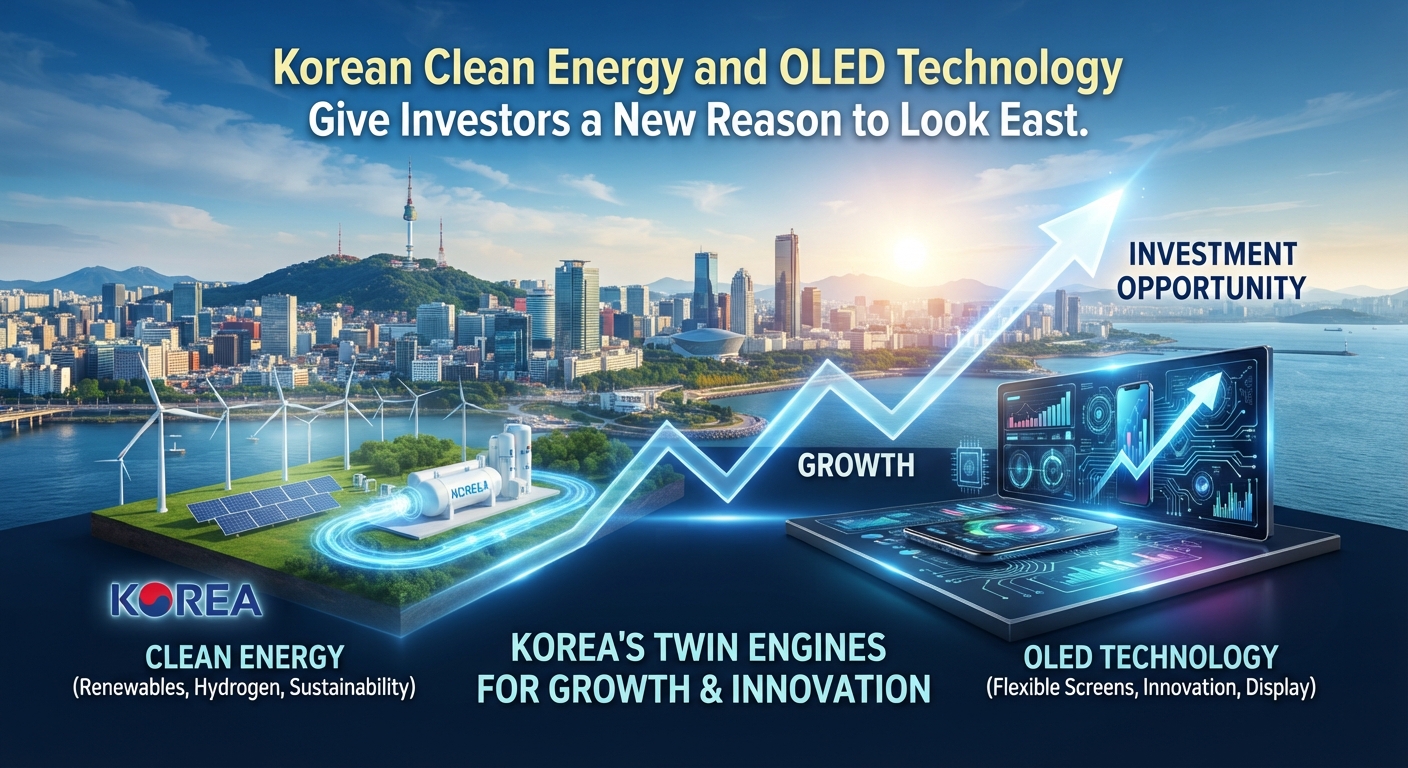 Korean clean-energy and OLED technology investment graphic featuring the Seoul skyline, solar panels, wind turbines, hydrogen infrastructure, flexible display devices and an upward growth arrow, highlighting innovation opportunities in South Korea.