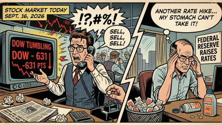 Vintage comic-book illustration of Wall Street traders reacting to a 631-point Dow decline after the Federal Reserve raises interest rates on September 16, 2026, with a stressed investor reaching for antacids.