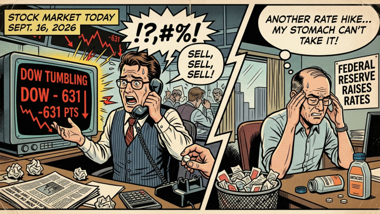 Vintage comic-book illustration of Wall Street traders reacting to a 631-point Dow decline after the Federal Reserve raises interest rates on September 16, 2026, with a stressed investor reaching for antacids.