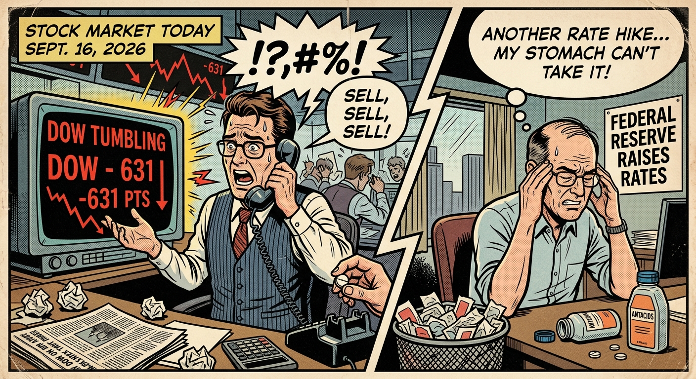 Vintage comic-book illustration of Wall Street traders reacting to a 631-point Dow decline after the Federal Reserve raises interest rates on September 16, 2026, with a stressed investor reaching for antacids.