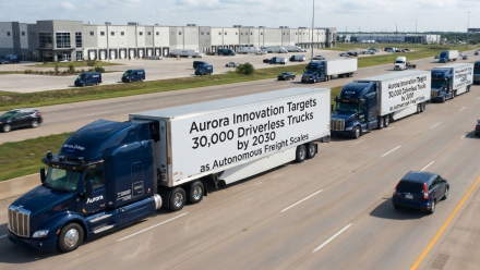 A fleet of Aurora Innovation autonomous semi-trucks travels on a multi-lane Texas highway beside a large distribution warehouse, illustrating the company’s driverless freight expansion and autonomous trucking business opportunity.