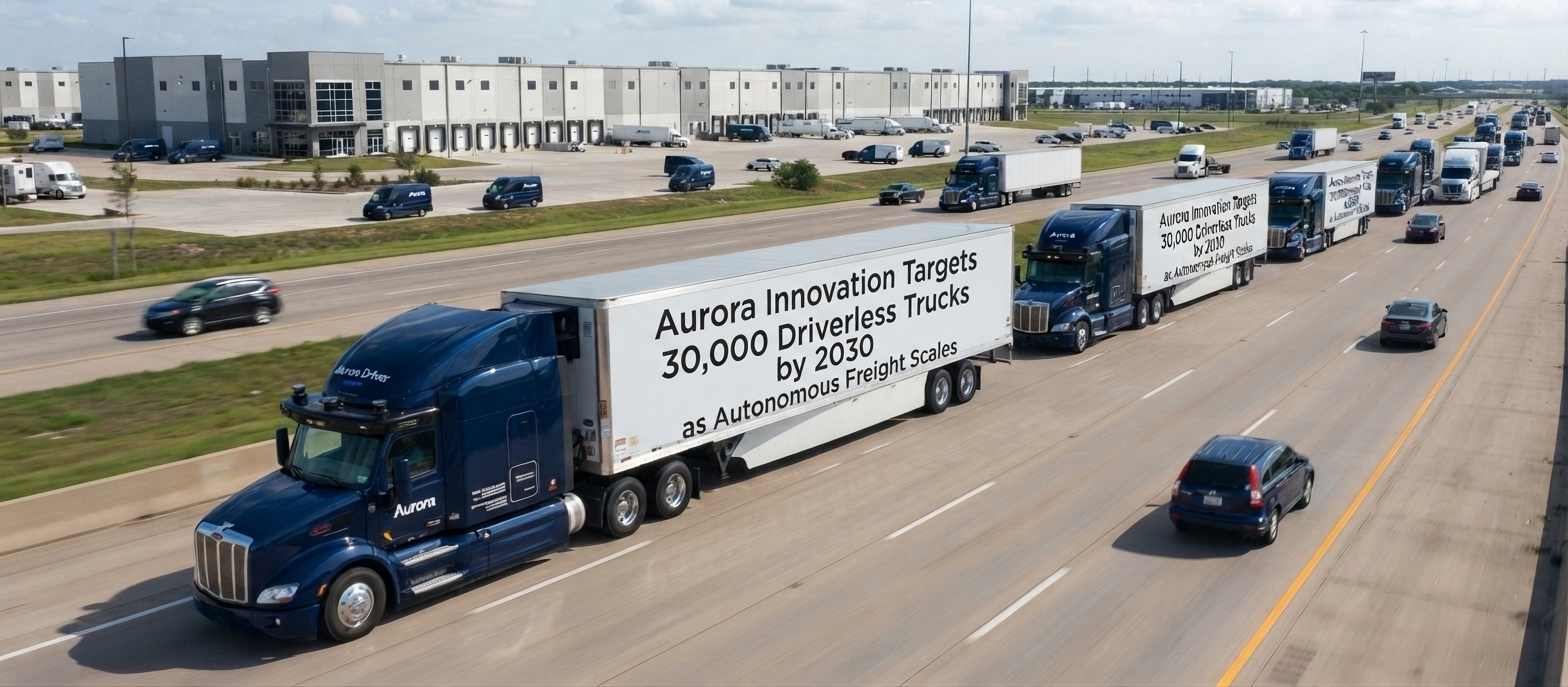 A fleet of Aurora Innovation autonomous semi-trucks travels on a multi-lane Texas highway beside a large distribution warehouse, illustrating the company’s driverless freight expansion and autonomous trucking business opportunity.