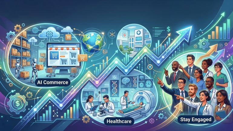 Illustration of a bullish investment landscape showing AI-powered ecommerce, healthcare innovation, cybersecurity and market growth. Robots manage online-shopping fulfillment around an ecommerce screen, clinicians and researchers work in a modern medical setting, and professionals point toward rising stock charts and upward arrows, with the phrases “AI Commerce,” “Healthcare” and “Stay Engaged.”