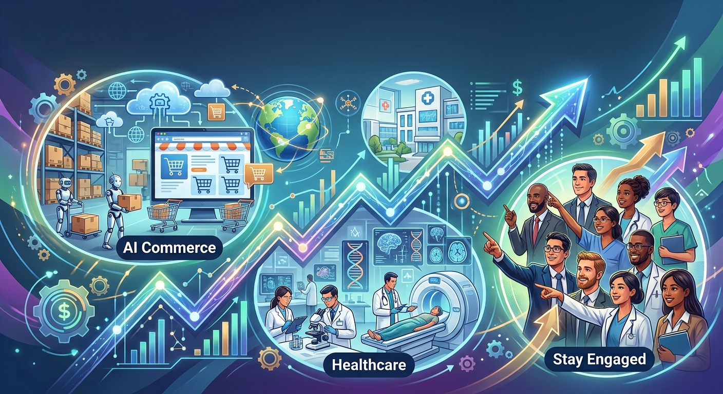 Illustration of a bullish investment landscape showing AI-powered ecommerce, healthcare innovation, cybersecurity and market growth. Robots manage online-shopping fulfillment around an ecommerce screen, clinicians and researchers work in a modern medical setting, and professionals point toward rising stock charts and upward arrows, with the phrases “AI Commerce,” “Healthcare” and “Stay Engaged.”