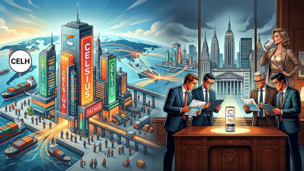 Illustrated investor-themed image of Celsius Holdings (NASDAQ: CELH) as a glowing global energy-drink empire: Celsius-branded skyscrapers, cargo ships and distribution routes connect international markets, while Wall Street analysts review financial charts beside a featured CELSIUS can in a New York boardroom.