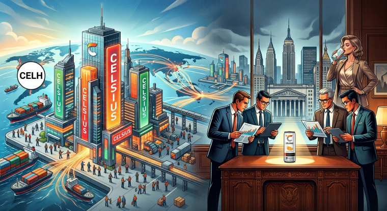 Illustrated investor-themed image of Celsius Holdings (NASDAQ: CELH) as a glowing global energy-drink empire: Celsius-branded skyscrapers, cargo ships and distribution routes connect international markets, while Wall Street analysts review financial charts beside a featured CELSIUS can in a New York boardroom.