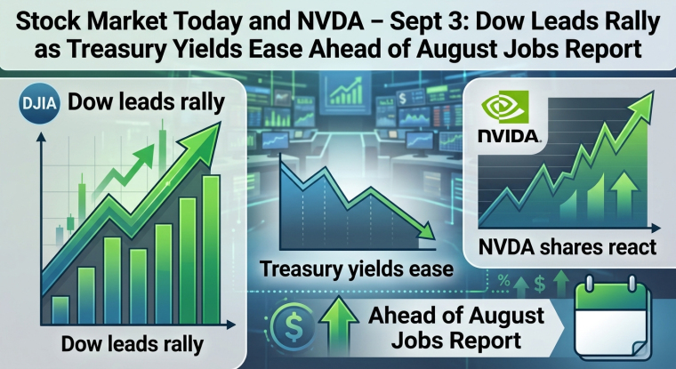 Illustrated stock market infographic for September 3 showing the Dow Jones Industrial Average leading a market rally, Treasury yields declining, NVIDIA (NVDA) shares reacting, and investors awaiting the August jobs report.
