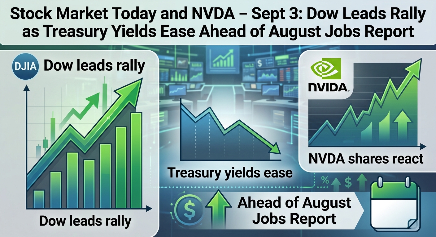 Illustrated stock market infographic for September 3 showing the Dow Jones Industrial Average leading a market rally, Treasury yields declining, NVIDIA (NVDA) shares reacting, and investors awaiting the August jobs report.