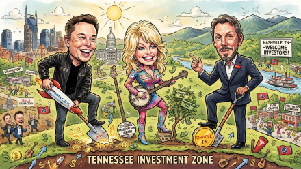 llustrated Tennessee investment scene featuring Elon Musk with a Tesla and SpaceX shovel, Dolly Parton playing banjo, and Oracle Chairman Larry Ellison, with Nashville, Smoky Mountains, Dollywood, Tesla Gigafactory and technology-investment imagery.