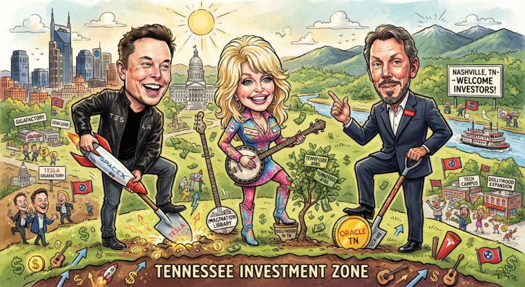 llustrated Tennessee investment scene featuring Elon Musk with a Tesla and SpaceX shovel, Dolly Parton playing banjo, and Oracle Chairman Larry Ellison, with Nashville, Smoky Mountains, Dollywood, Tesla Gigafactory and technology-investment imagery.