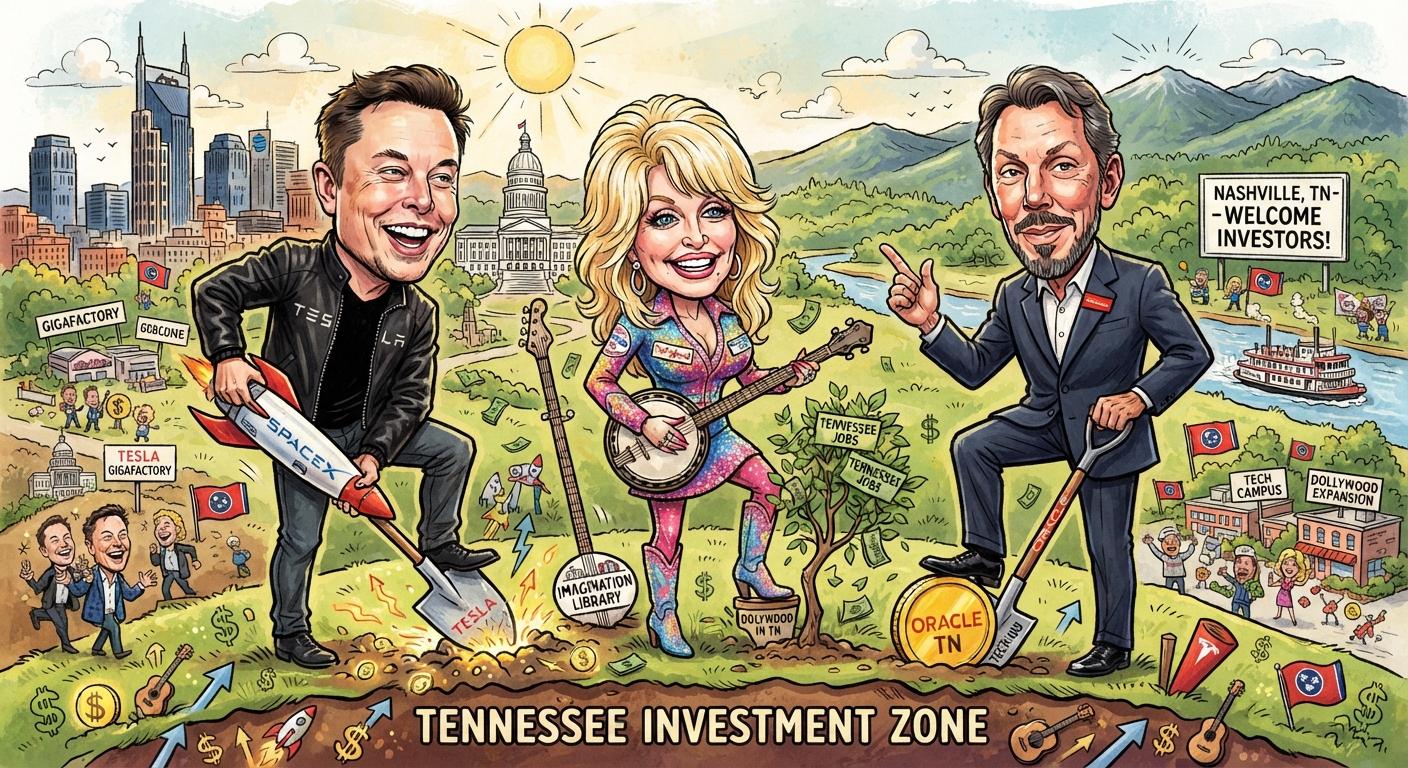llustrated Tennessee investment scene featuring Elon Musk with a Tesla and SpaceX shovel, Dolly Parton playing banjo, and Oracle Chairman Larry Ellison, with Nashville, Smoky Mountains, Dollywood, Tesla Gigafactory and technology-investment imagery.