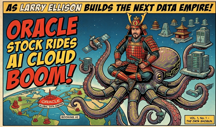 Comic-book style illustration of Larry Ellison depicted as a futuristic data shogun atop an AI-powered octopus machine, surrounded by Oracle data centers, cloud infrastructure, satellites and a global network, with the headline “Oracle Stock Rides AI Cloud Boom.”