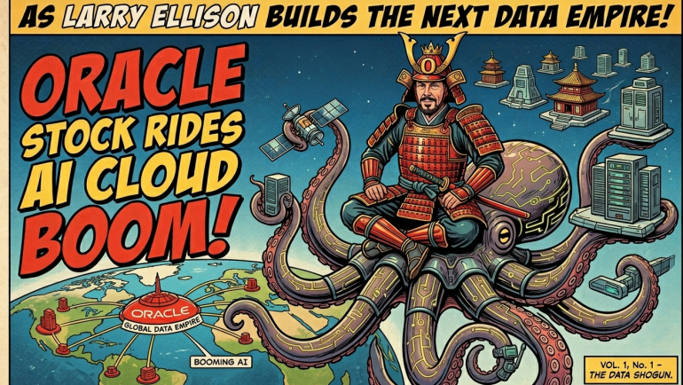 Comic-book style illustration of Larry Ellison depicted as a futuristic data shogun atop an AI-powered octopus machine, surrounded by Oracle data centers, cloud infrastructure, satellites and a global network, with the headline “Oracle Stock Rides AI Cloud Boom.”