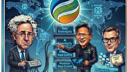 Illustrated editorial image showing Palantir CEO Alex Karp, NVIDIA CEO Jensen Huang and a business executive standing around a data-sovereignty server stack, with global network graphics, gold bars and the headline “Palantir’s Sovereign AI Bet Turns Data Control Into the Next Premium Asset.”