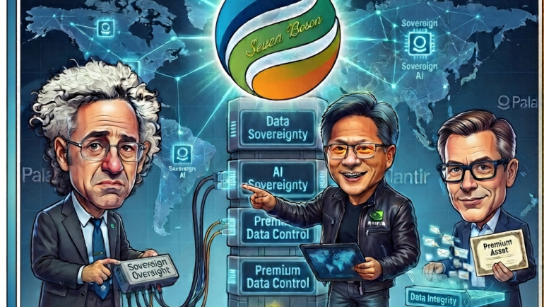 Illustrated editorial image showing Palantir CEO Alex Karp, NVIDIA CEO Jensen Huang and a business executive standing around a data-sovereignty server stack, with global network graphics, gold bars and the headline “Palantir’s Sovereign AI Bet Turns Data Control Into the Next Premium Asset.”