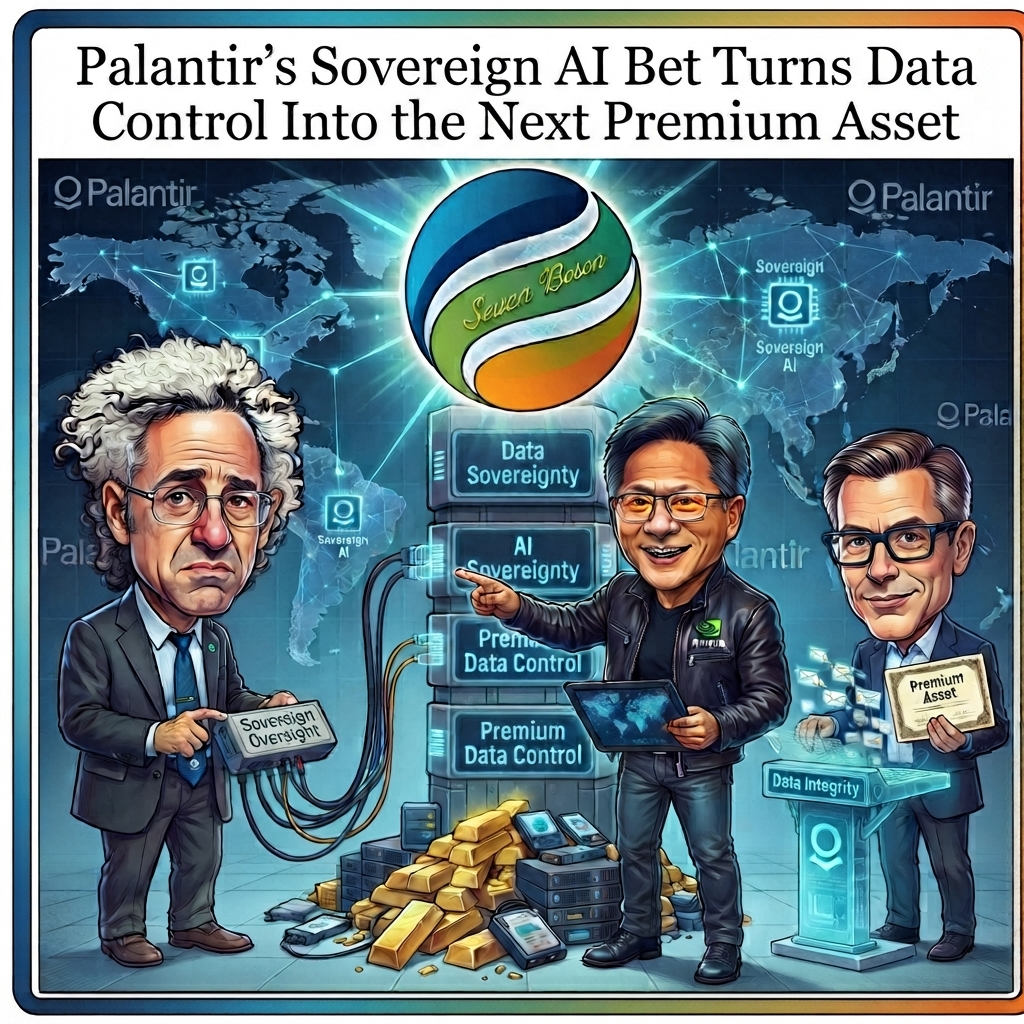 Illustrated editorial image showing Palantir CEO Alex Karp, NVIDIA CEO Jensen Huang and a business executive standing around a data-sovereignty server stack, with global network graphics, gold bars and the headline “Palantir’s Sovereign AI Bet Turns Data Control Into the Next Premium Asset.”