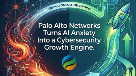 Split-screen investor graphic showing the evolution from “AI Anxiety (The Problem)” on the left—featuring red cyber-threat imagery and worried figures—to “Cybersecurity Growth Engine (The Solution)” on the right, with secure cloud icons, a rising green arrow, rocket and business professionals. A circular transformation-engine pathway connects both sides around the headline: “Palo Alto Networks Turns AI Anxiety Into a Cybersecurity Growth Engine.”