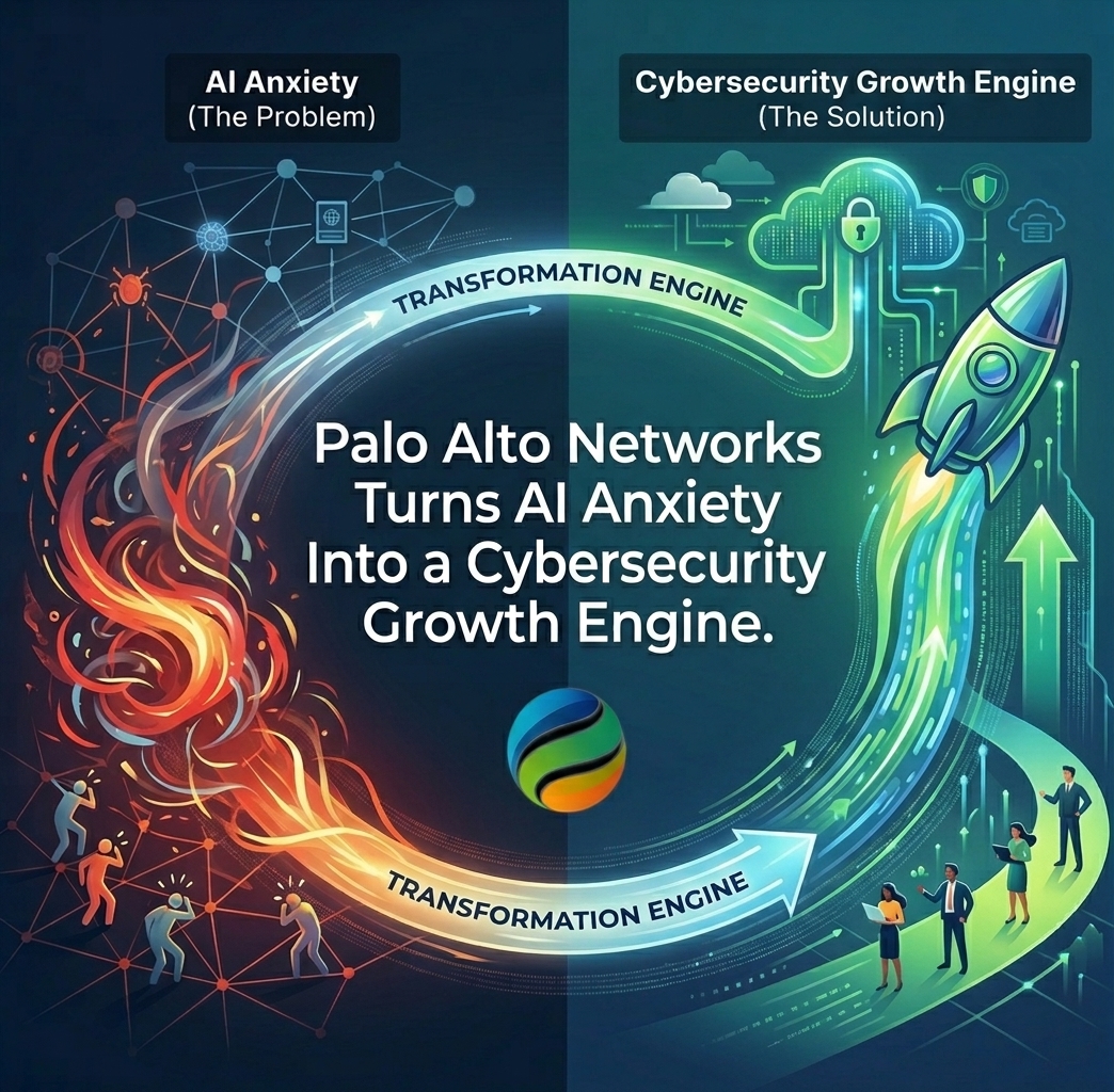 Split-screen investor graphic showing the evolution from “AI Anxiety (The Problem)” on the left—featuring red cyber-threat imagery and worried figures—to “Cybersecurity Growth Engine (The Solution)” on the right, with secure cloud icons, a rising green arrow, rocket and business professionals. A circular transformation-engine pathway connects both sides around the headline: “Palo Alto Networks Turns AI Anxiety Into a Cybersecurity Growth Engine.”