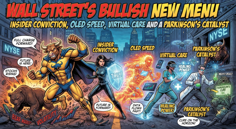 Comic-book-style Wall Street illustration featuring a charging bull superhero, symbols of insider conviction and high-speed OLED technology, virtual-care clinicians, and a scientist representing Parkinson’s disease research, beneath the headline “Wall Street’s Bullish New Menu.”