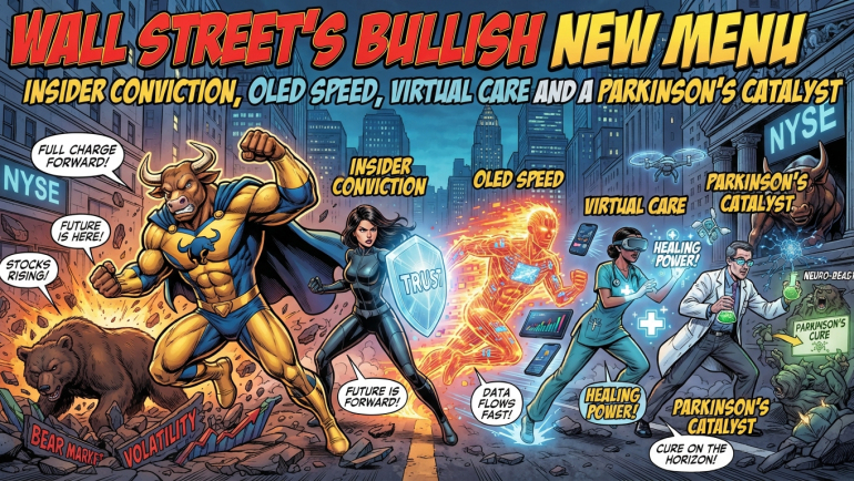 Comic-book-style Wall Street illustration featuring a charging bull superhero, symbols of insider conviction and high-speed OLED technology, virtual-care clinicians, and a scientist representing Parkinson’s disease research, beneath the headline “Wall Street’s Bullish New Menu.”