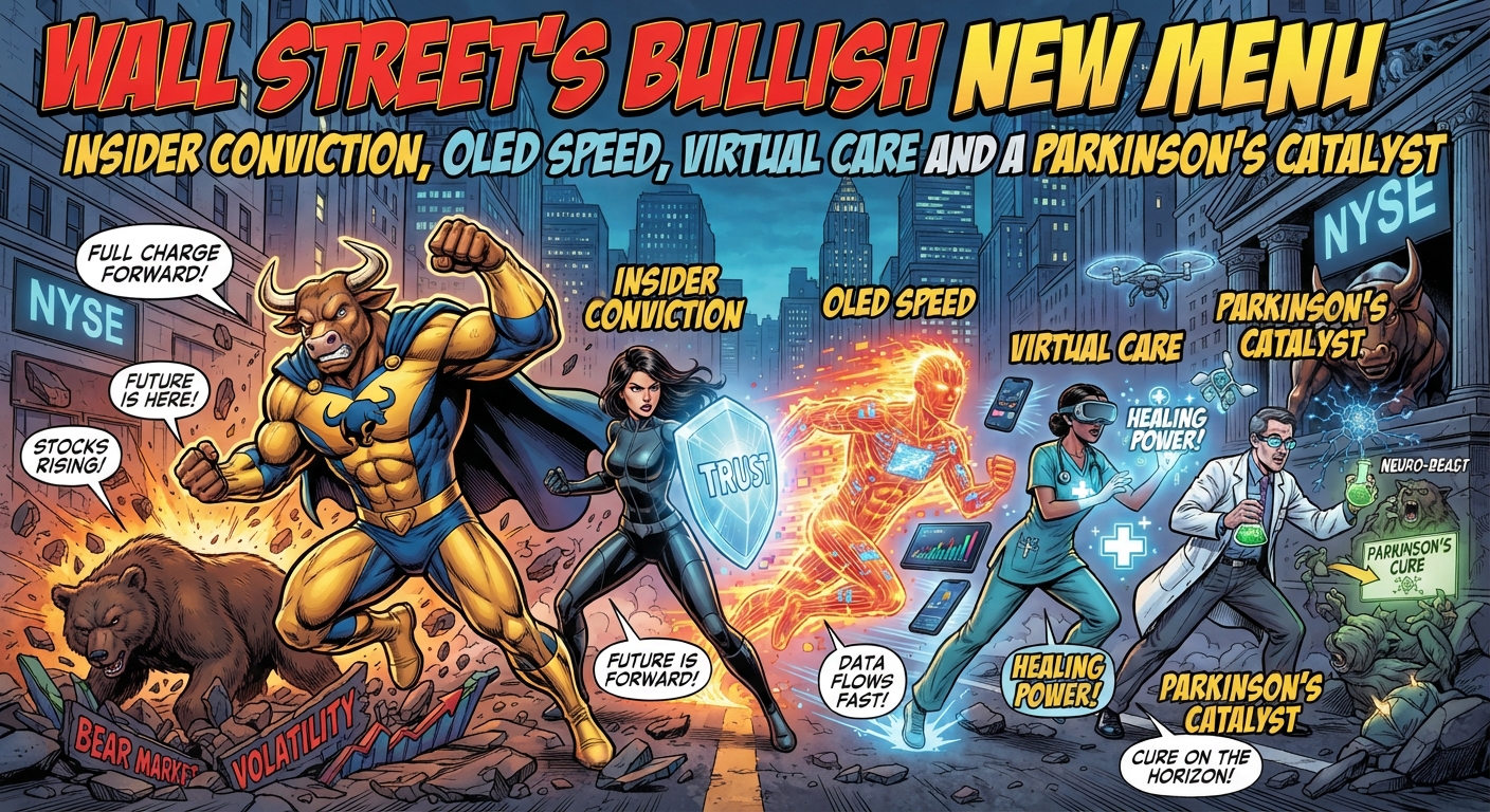 Comic-book-style Wall Street illustration featuring a charging bull superhero, symbols of insider conviction and high-speed OLED technology, virtual-care clinicians, and a scientist representing Parkinson’s disease research, beneath the headline “Wall Street’s Bullish New Menu.”